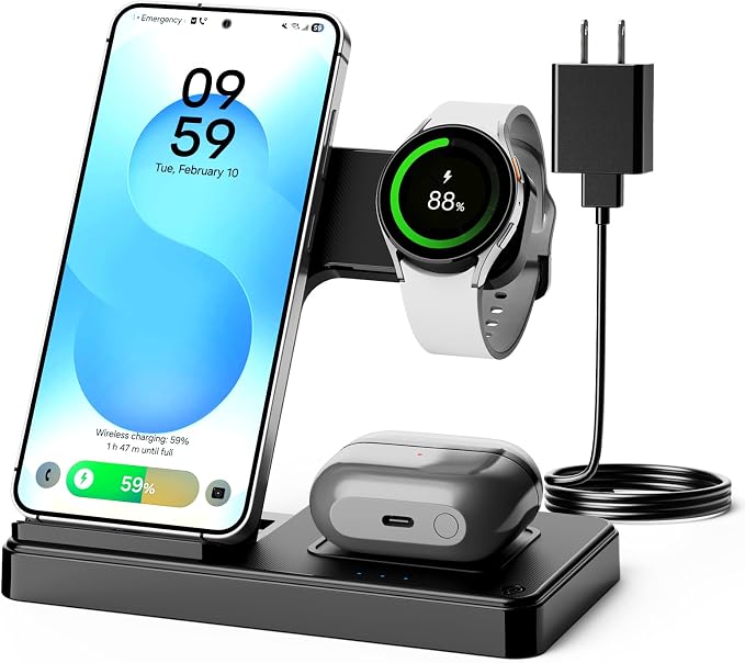 3-in-1 Charging Station for Samsung, Foldable Wireless Charger Stand | Android Phone and Watch Charger for Samsung S26/S25/S24/S23/S22/S21, Note 20/10, Z Fold 6/5, Galaxy Buds and Watch-Black by SMILESTATION
