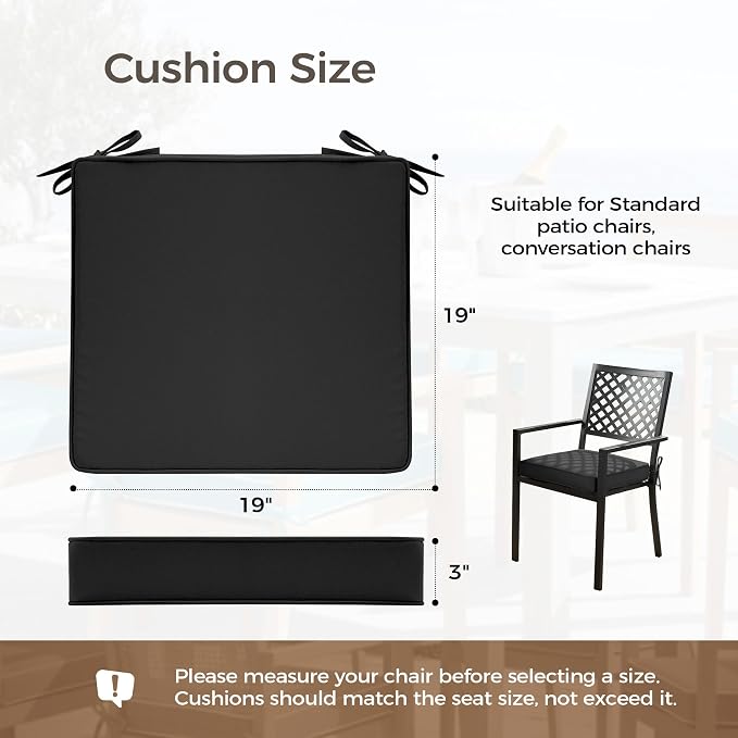 UNIKOME Outdoor Chair Cushions Set of 4, Water Resistant Patio Seat Cushions with Ties for Outdoor Furniture, High-Density Foam, UV & Fade Resistant, Piped Edge – 19" x 19" x 3", Black - Image 2
