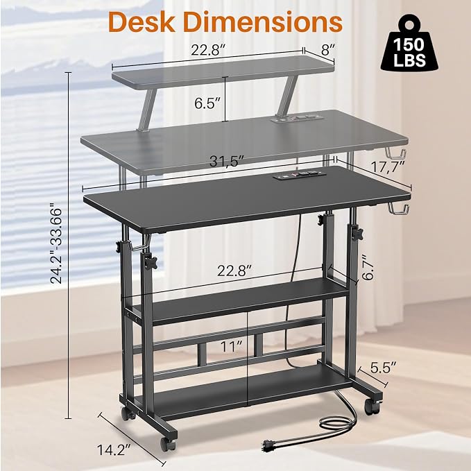 Adjustable Height Standing Desk with Power Outlets, Rolling Stand Up Desk with Monitor Stand and Storage Shelves, 31.5" Small Mobile Computer Desk, Portable Laptop Table (Black with Monitor Stand) - Image 2