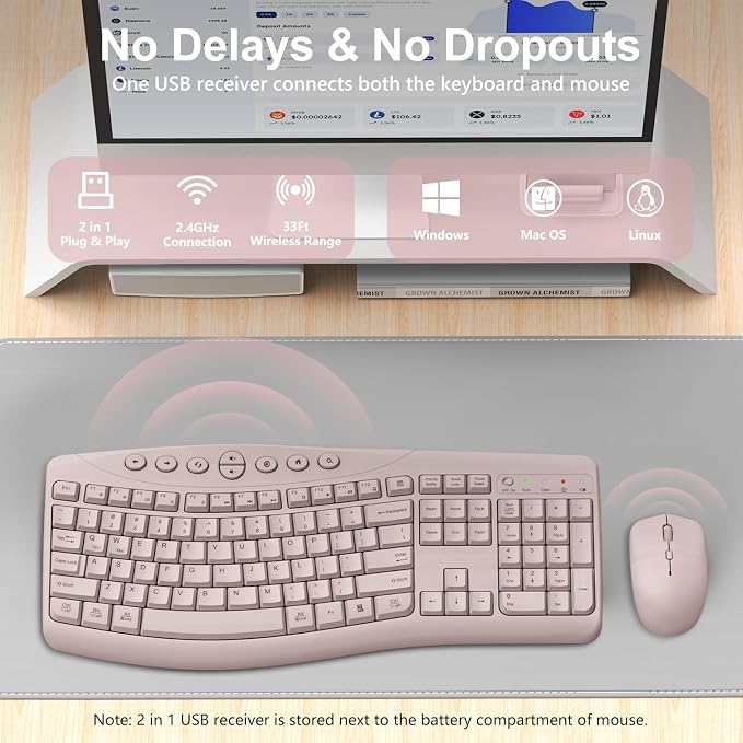 Wireless Keyboard and Mouse Combo, 2.4G Quiet Ergonomic Curved Keys(Pink) - Image 3