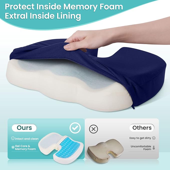 Gel Seat Cushion, Enhanced Memory Foam Cushion for Tailbone Pain, Blue | Cooling Gel for Office Chair, U-shaped Design Chair Cushion for Gaming, Car, Wheelchair, Non-Slip Base, Washable Cover - Image 3