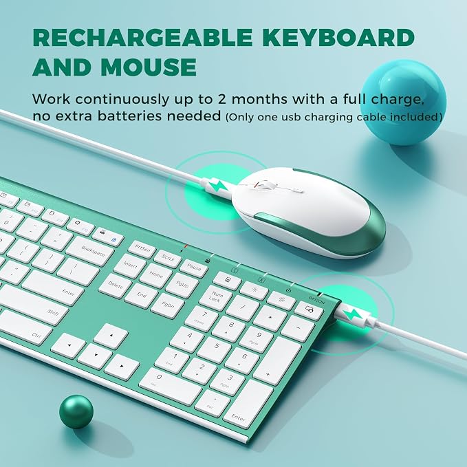 Vssoplor Wireless Keyboard and Mouse, Rechargeable Ultra Slim, Green | Quiet Full-Size Keyboard and Mouse Combo Set, for Laptop, PC, Notebook, Desktop, 2.4GHz Stable Connection, Ideal for Office - Image 5