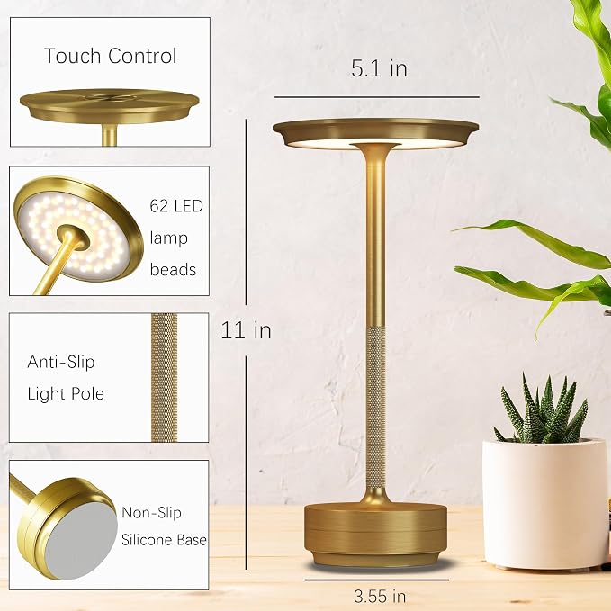 1 Pack Cordless Table Lamps Rechargeable, 5000mAh LED Table Light | Portable 3 Color Stepless Dimming Battery Powered Table Lamp with Memory Function for Restaurant/Home/Outdoor.(Brushed Gold) - Image 7