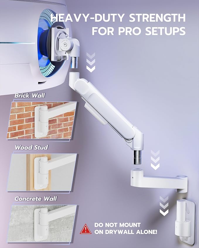 ARES WING Monitor Wall Mount for 24-57 Inch Ultrawide Screen, White | Premium Heavy Duty Gaming Monitor Arm for 60 lbs, Full Motion Gas Spring, Bearing Head for Easy Adjustment, 75/100 VESA Mount - Image 6