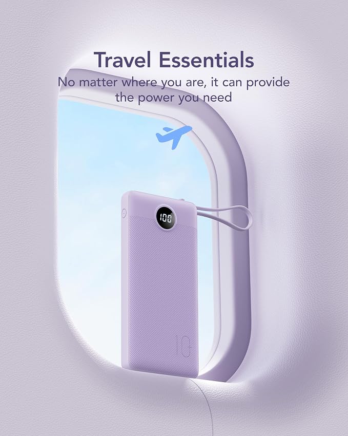 VRURC Portable Charger Built in 4 Cables, 10000mAh Power Bank | Battery Pack Travel Essentials, 5 Outputs 2 Inputs Slim Phone Charging Bank Lavender(1 Pack) - Image 3