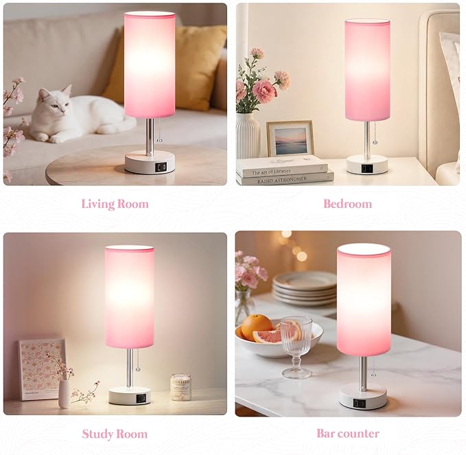Dicoool Pink Bedside Table Lamp for Girls Bedroom - USB A+C Charging Ports | 3 Color Temperatures, Bulb Included, Pink Fabric Shade, White Metal Base, Cute Pink Room Decor, 14" Desk Lamp for Kids Dorm - Image 5