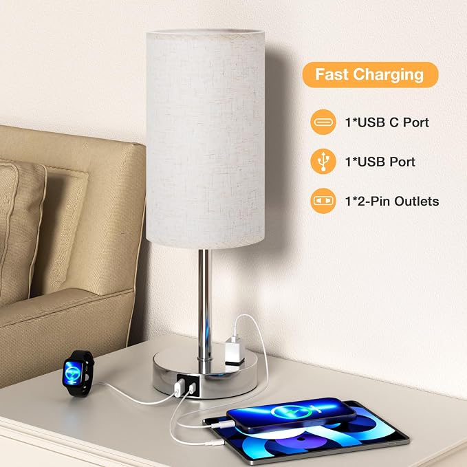 White Touch Table Lamp for Bedroom - Bedside Desk Lamp for Dorm Study | 17" Night Stand Lamp, USB A+C Ports, 3-Way Dimmable, LED Bulb Included, White Linen-Texture Shade, Sleek Silver Metal Baset - Image 4