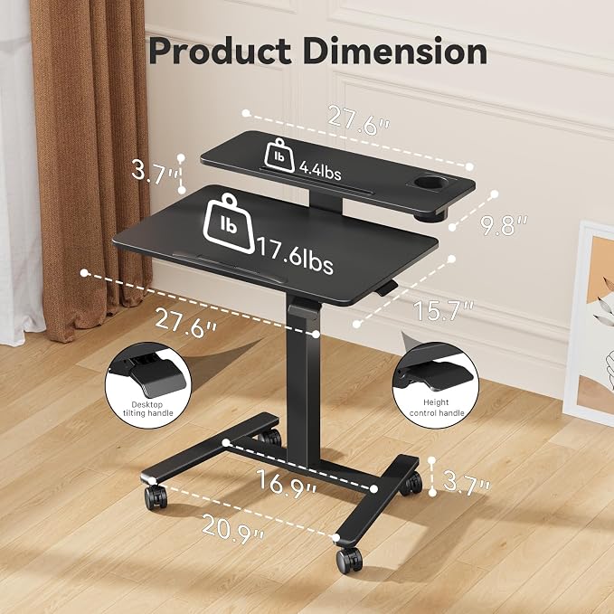 28" Mobile Standing Desk, Tiltable Top with 2-Tier Shelves, Black | Pneumatic Rolling Desk, Adjustable Height Computer Workstation, Sit Stand Portable Drafting Table & Laptop Cart on Wheels - Image 2
