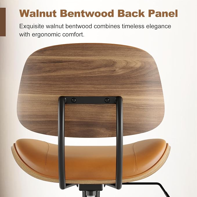 Armless Office Chair with Wheels, PU Leather Desk Chair, Brown | Adjustable Height Task Chair, 360° Swivel Ergonomic Computer Chair for Small Space, Modern Walnut Style, Home & Meeting Room - Image 5