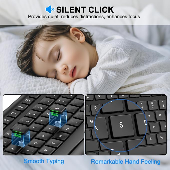 EDJO Wireless Keyboard, 2.4G Full-Sized Cordless USB Silent Computer Keyboard, Ergonomic Tilt Angle, Sleep Mode, Long Battery Life, for Windows, Mac OS Laptop/PC/Desktop/Notebook - Image 3