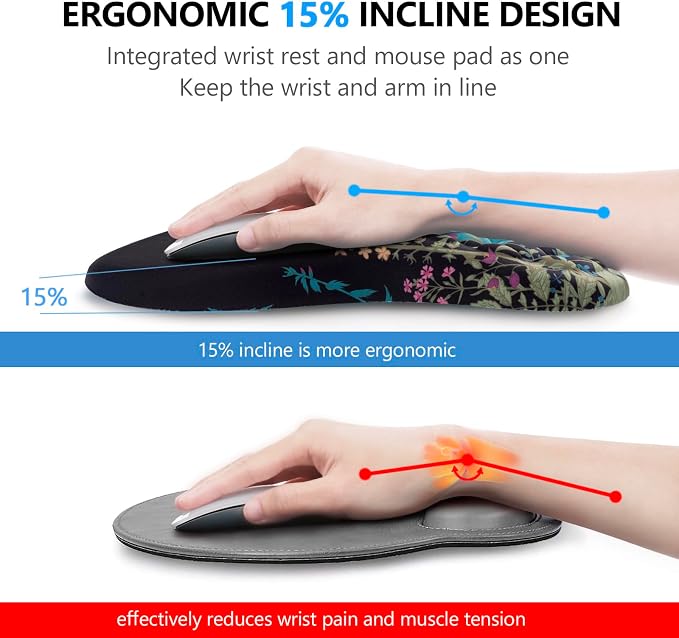 Mouse Pad Wrist Support, Laokiiy 2 in1 Keyboard Wrist Rest+ Ergonomic Mouse Pad, Non-Slip Wrist Rest for Computer Keyboard, Made Easy Typing & Relieve Wrist Pain(Flower) - Image 2