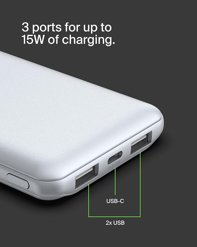 Belkin 10000mAh 15W 3 Port Power Bank, USB A to USB C Cable Included | Fast Charging, iPhone 17, Samsung Galaxy, Pixel, Airpods, iPad, Nintendo Switch 2, Battery Pack, USB C Port, USB A Port - Image 8