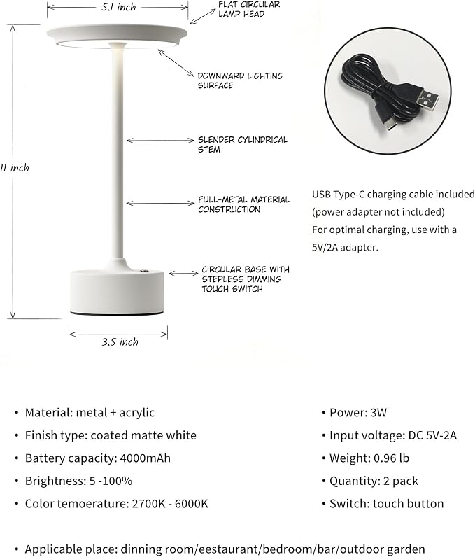 PUSU Rechargeable Table Lamps Set of 2, White Cordless Portable Desk Lamp | 4000mAh Battery, Stepless Dimming & 3 Color 2700K-6000K, LED Lamp for Bedroom, Living Room, Restaurant, Outdoor, Night Light - Image 6