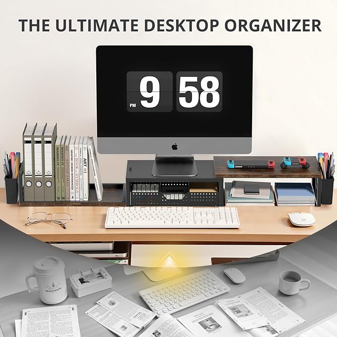 Desk Organizers and Accessories, Dual Monitor Stand Riser with Drawer and 2 Pen Holders, Desk Shelf Computer Racks for Office Workspace Organizers, Desktop Organization (Rustic Brown) - Image 5