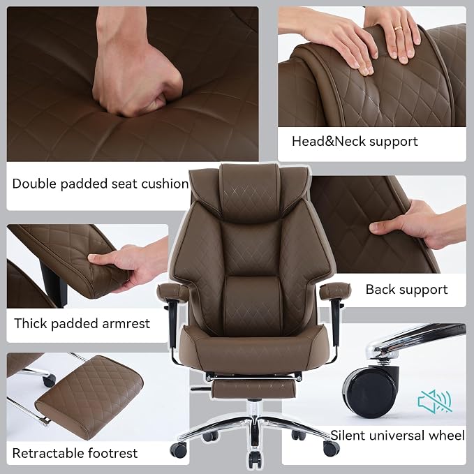 EXCEBET Big and Tall Office Chair with Footrest, PU Leather High Back Executive Office Chair 400lbs, Ergonomic Computer Chairs Lumbar Support for Heavy People (Brown) - Image 7