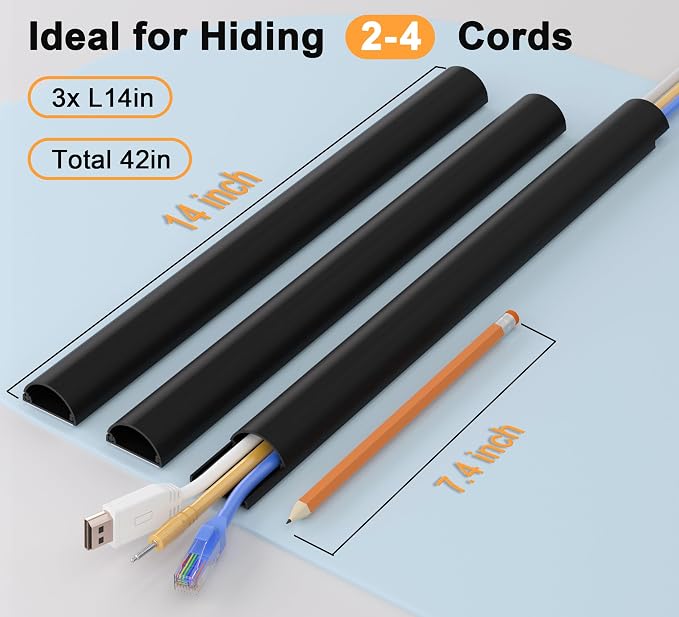 ZhiYo 42.5in Cord Hider for 2-4 Wall-Mounted TV Wires, 1.4"W x 0.7"H, Black | Split-Hinge Design for Easy Installation, Half-Round Glazed Finish Ideal for Wall/Baseboard, Self-Adhesive, 3Pack(14.2" Each) - Image 2