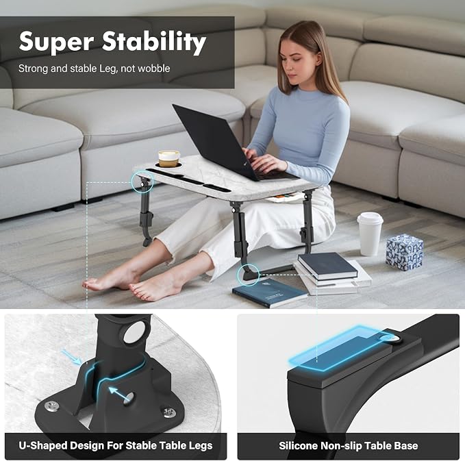 Lap Desk for Bed Adjustable Height, Foldable Bed Table with Storage Drawer, Tablet Slot & Cup Holder, Portable Laptop Stand for Bed & Sofa, Bed Desk for Adults & Kids, Light Stone Color - Image 4