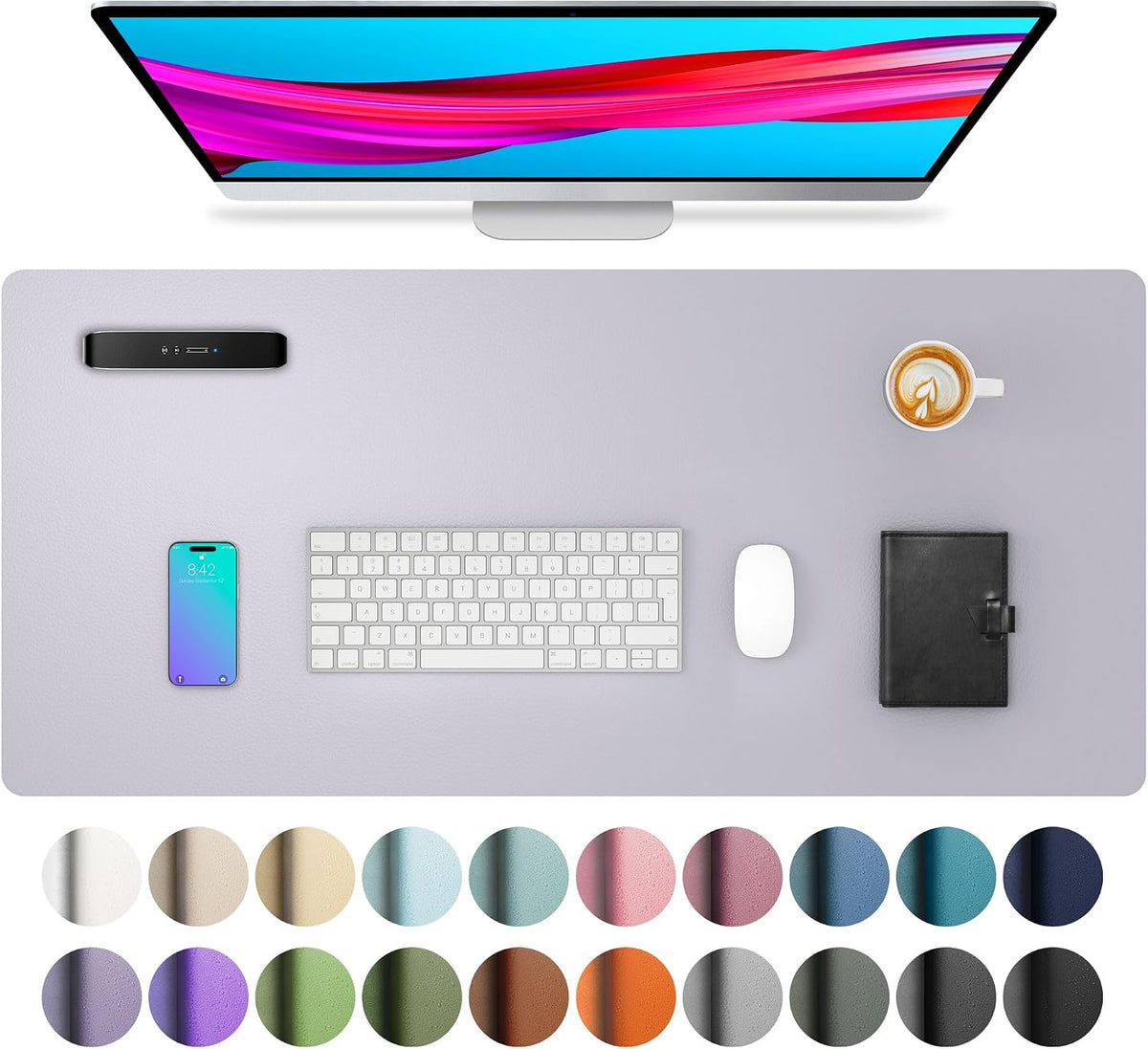 Aothia Large PU Leather Desk Pad Protector - Non-Slip Mouse Pad & Writing Mat for Office/Home, Waterproof, Easy to Clean (23.6" x 13.7", Smoky Lavender) by Aothia