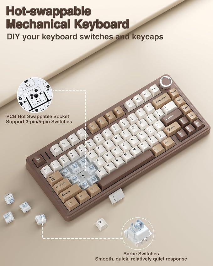 AULA F75 75% Wireless Mechanical Keyboard, Hot Swappable Creamy Keyboard, Pre-lubed Linear Switches, 2.4GHz/Type-C/BT5.0, RGB Backlit Gaming Keyboards(White&Brown) - Image 4