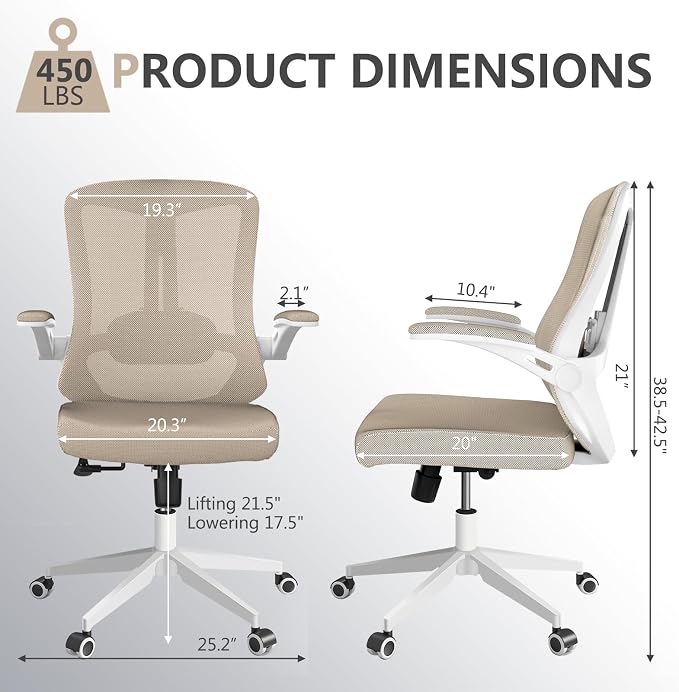Ergonomic Office Chair with Lumbar Support, High Back Mesh Desk Chair with Flip-Up Arms, Adjustable Computer Task Chair, Khaki - Image 2
