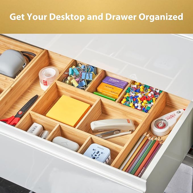 Extra Large Bamboo Desk Drawer Organizer, Wood Junk Organizer Tray with Adjustable Dividers, Anti-Skip Storage Organization in Office Bathroom Drawer for Vanity, Makeup, 17" x 12" - Image 3