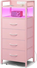 Lazzanto Nightstand with Rear Charging Station, LED Light, 4 Drawers, Pink | Industrial Nightstand, 2 USB-A Ports & AC Outlets, Raised Back Guard, Fabric Storage Drawers, Bedside Table for Bedroom, Dorm by Lazzanto