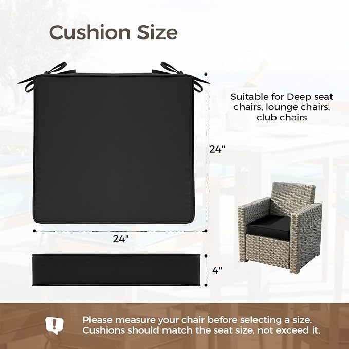 UNIKOME Outdoor Chair Cushions Set of 4, Water Resistant Patio Seat Cushions with Ties for Outdoor Furniture, High-Density Foam, UV & Fade Resistant, Piped Edge – 24" x 24" x 4", Black - Image 2