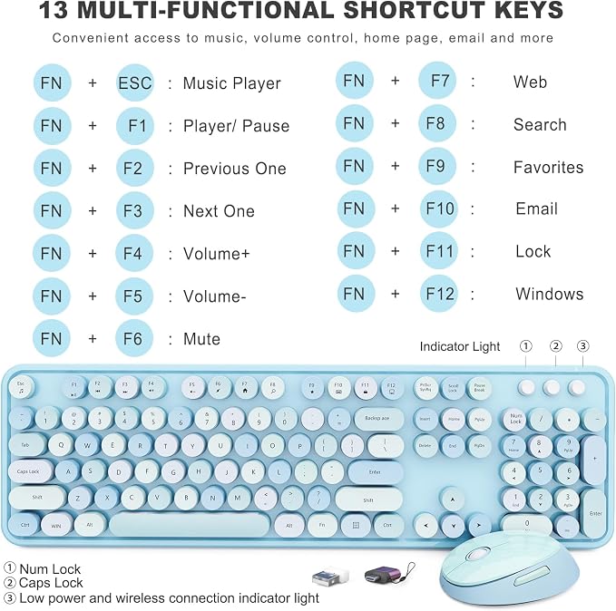 Wireless Keyboard and Mouse Combo, Ergonomic Full Size Typewriter Retro Round Keycaps Keyboard, Compatible with Windows, PC, Perfer for Home and Office Keyboards (Blue - Image 4