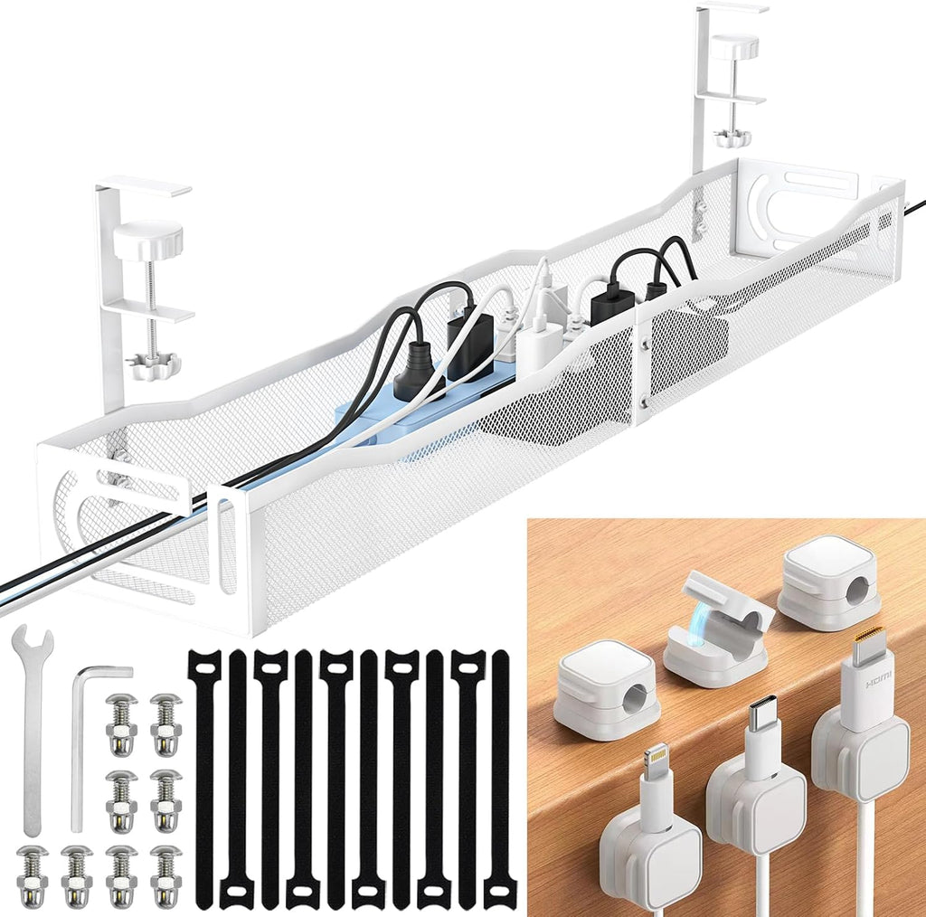 Cable Management Under Desk, 25.3'' No Drill Desk Cable Management Tray with Clamp, Metal Cord Organizer for Standing Desk, Computer Wire Management for Home Office & Gaming Setup, White by NoetixCo