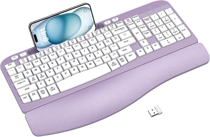 EAYBLLY 2.4G Wireless Ergonomic Keyboard, Full Size Wave Keys with Memory Foam Wrist Rest & 7.28in Phone Holder, USB-C Adapter Included for Windows Mac Chrome OS, Office or Home (Purple) by Unknown