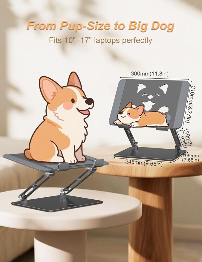 Aoviho Aluminum Laptop Stand for Desk Fit for All 10"-17.3" Laptops, Grey | Height-adjustable Notebook Holder, Ergonomic Computer Riser with Unique Puppy Cooling Vent, for Mac, Dell, Lenovo, HP - Image 4