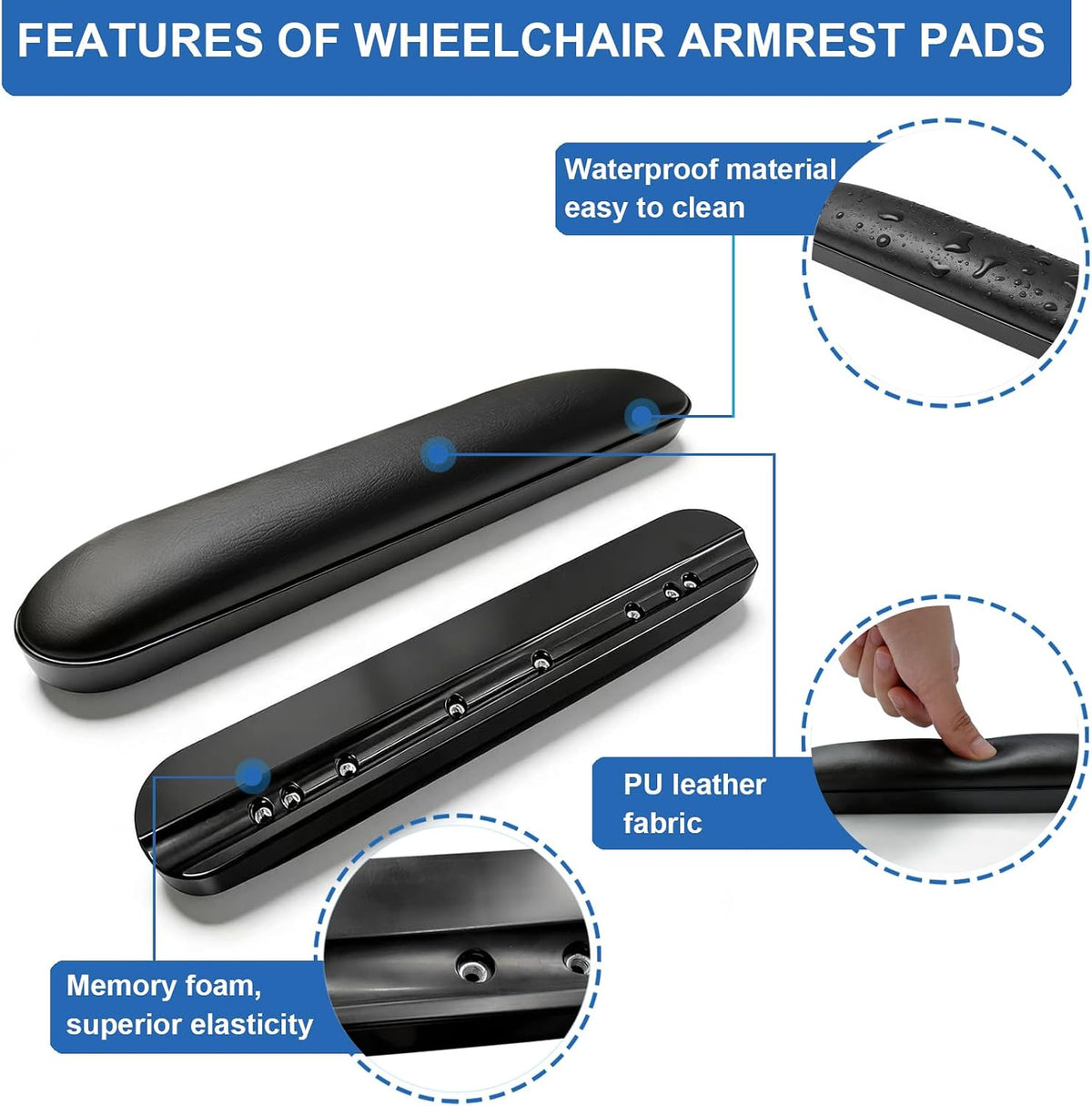 Padded Armrests for Wheelchair, Premium Wheelchair Armrest Pads, 13-7/8" Long Wheelchair Armrest Replacement Accessories, Compatible with All Brands(1 Pair) - Image 2