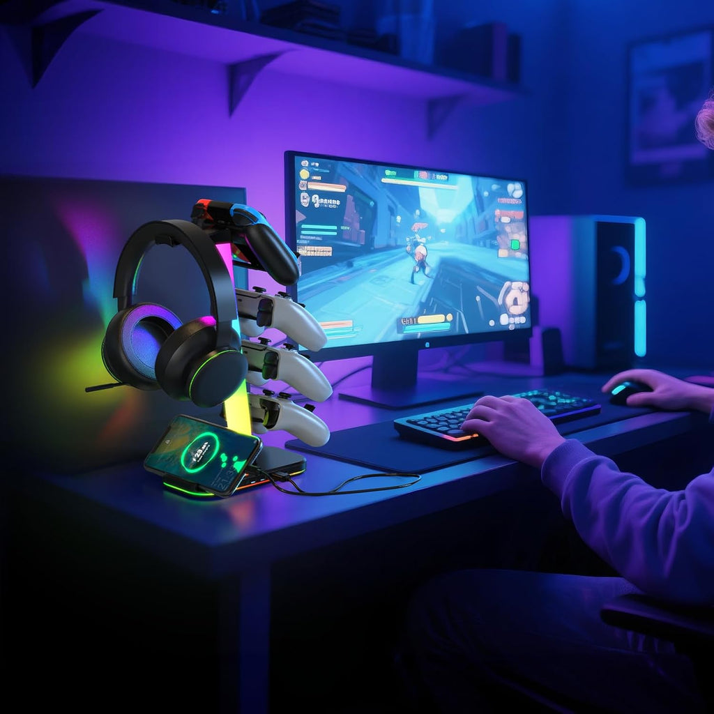 Gaming Headphones Stand with Charging Station, RGB Headset Stand with 10 Light Modes, 4 Controller Holder with 1 USB & 2 Type-C Charging Ports - Earphone Hook for PC Desktop Gamer Accessories Storage - Image 6