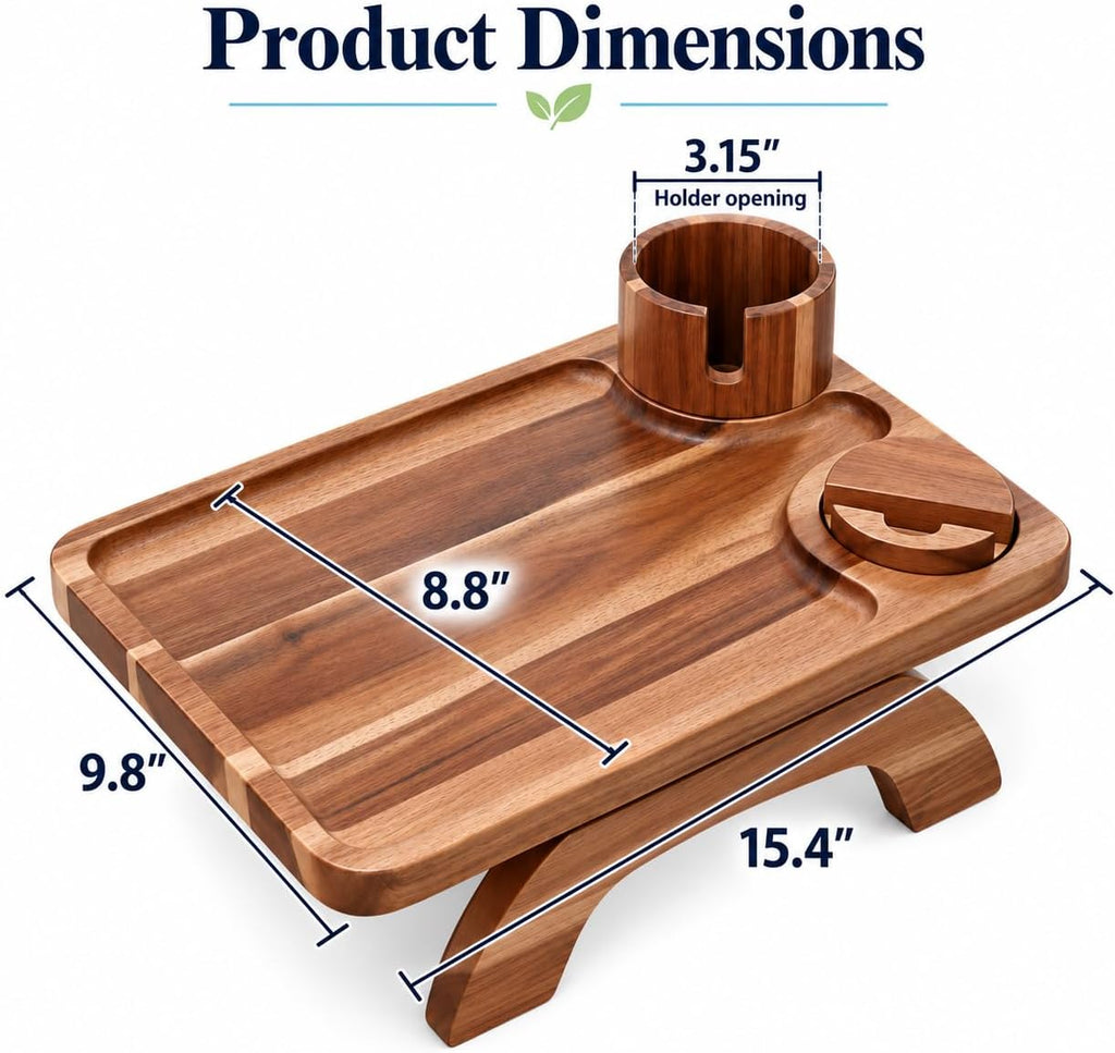 Couch Cup Holder Tray, Large 3-in-1 Acacia Wood Sofa Arm Rest Tray with Cup Holder & 360° Rotating Phone Stand, 15.36 × 9.85 Inches - Image 2