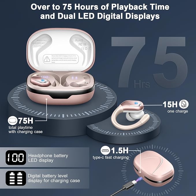 Wireless Earbud, 75H Bluetooth 5.4 Headphones Sport IP7 Waterproof, Running Wireless Earphones with ENC Noise Canceling Mic, 3D Bass Over Ear bud with Earhooks for Android, iOS, Workout, Gym, Rosegold - Image 4