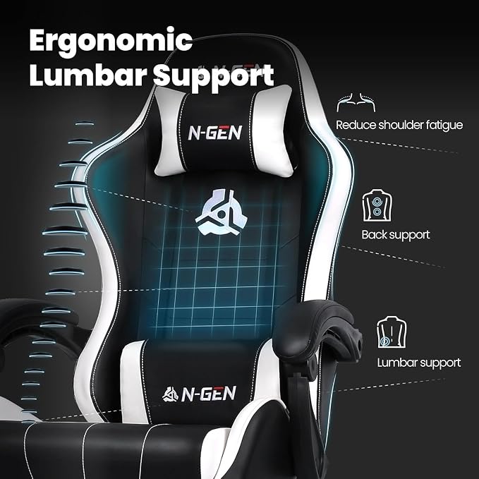 N-GEN GAMING Gaming Chair, Footrest, Lumbar, High-Back, White Black | Reclining Backrest, Linkage Armrests, Durable PU Leather, Adjustable Comfort for Extended Computer, Desk, or Home Office Use - Image 4
