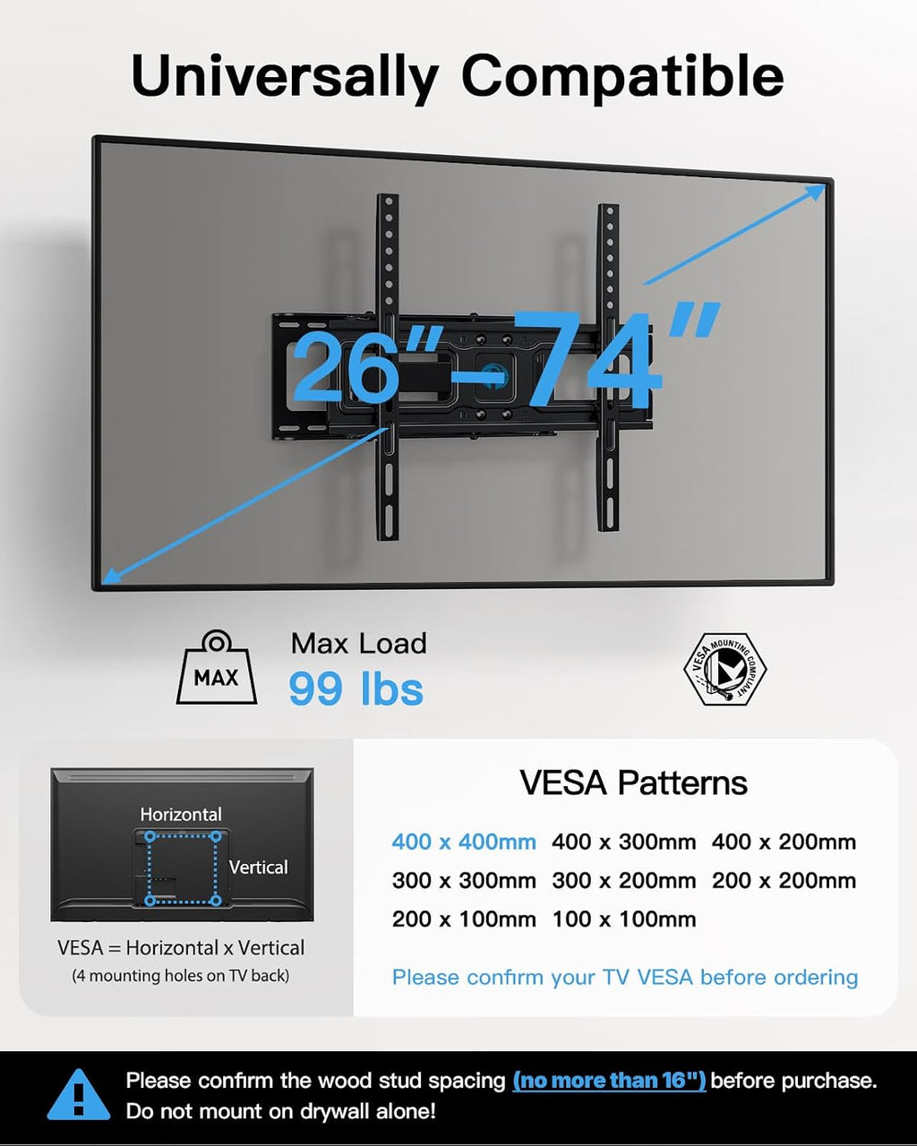 Pipishell Full Motion TV Wall Mount for 26–74 inch TVs up to 99 lbs - Image 2
