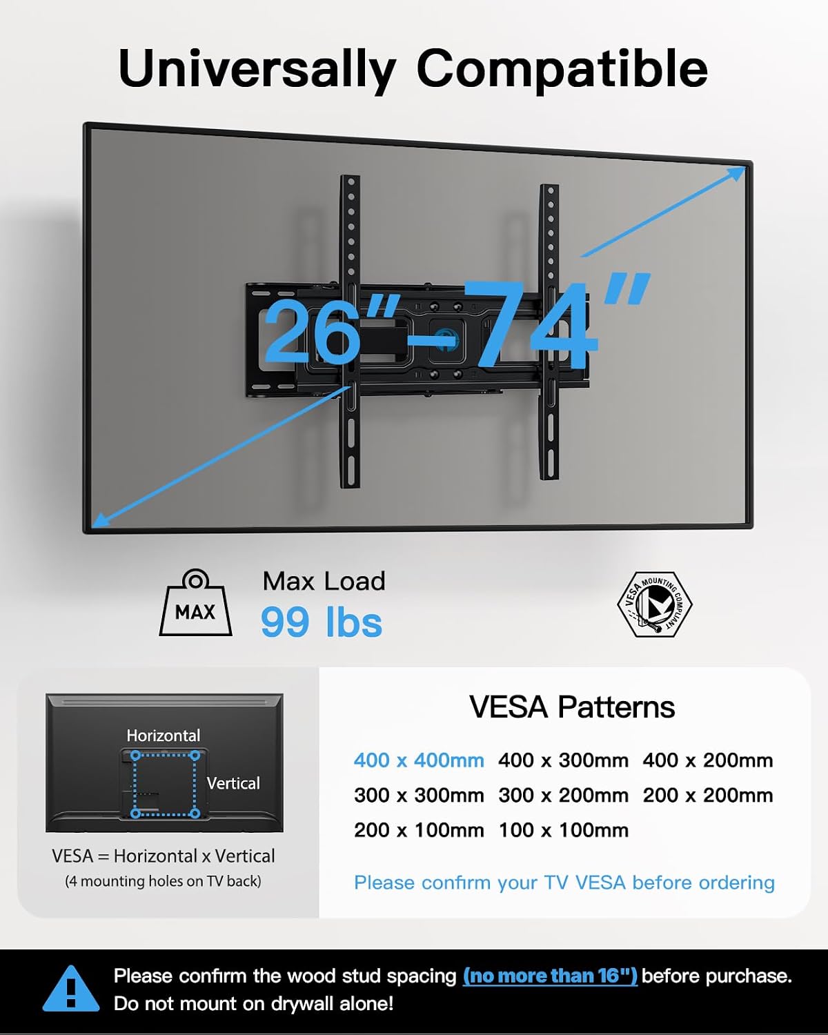 Pipishell Full Motion TV Wall Mount for 26–74 inch TVs up to 99 lbs - Image 2