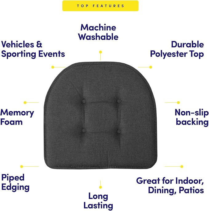 Sweet Home Collection Chair Cushion Memory Foam Pads Tufted Slip Non Skid Rubber Back U-Shaped 17" x 16" Seat Cover, 2 Count (Pack of 1), Charcoal - Image 5