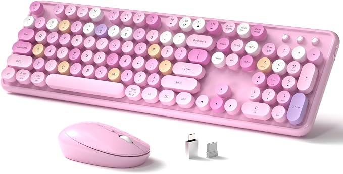 Links9+ Colorful Wireless Keyboard and Mouse Combo (Pink Colorful) | Full-Size Retro Typewriter Style Keyboard with Vintage Round Keycaps, 2.4G Wireless Set for Windows, Mac, Laptop, PC, Tablet by LINKS9