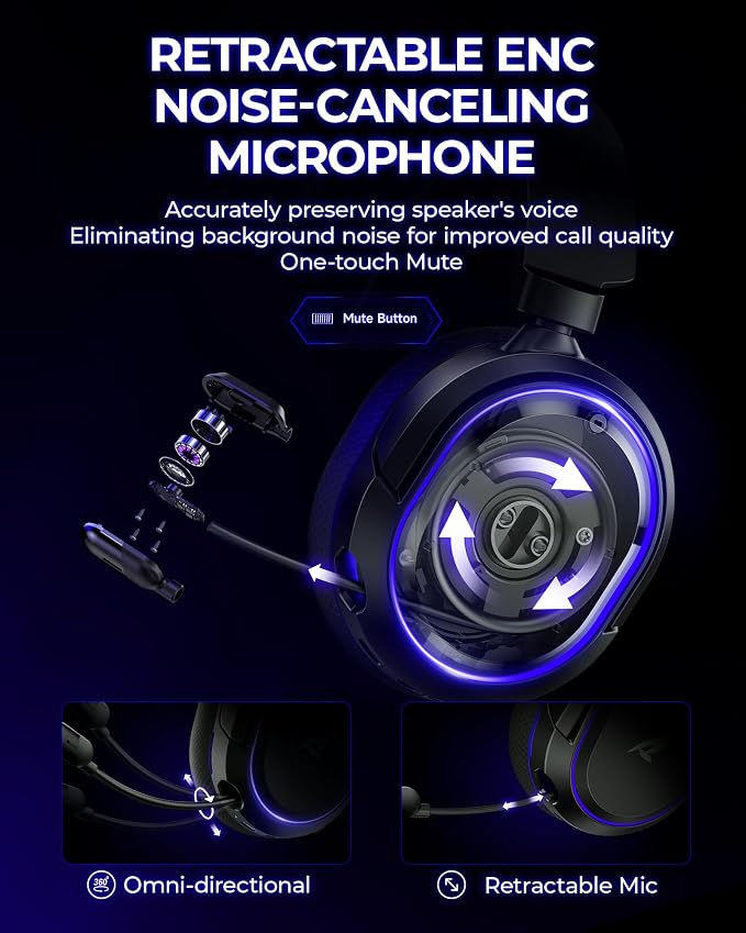 Wireless Gaming Headset, 7.1 Surround Sound, 2.4GHz USB Gaming Headphones with Bluetooth 5.4, 100H Battery, ENC Noise Canceling Mic, RGB Light, Wireless Headset for PC PS5 PS4 Mac Switch (Black-Blue) - Image 5