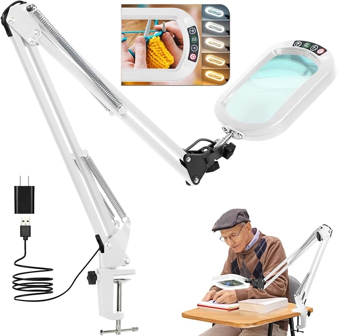 14.35" Large Magnifying Glass with Light and Clamp, Real Glass, 5 Color Modes, Stepless Dimmable, Lighted Magnifier with Stand Hands Free, LED Swing Arm Desk Lamp for Close Work, Craft, White by JEEDEFI