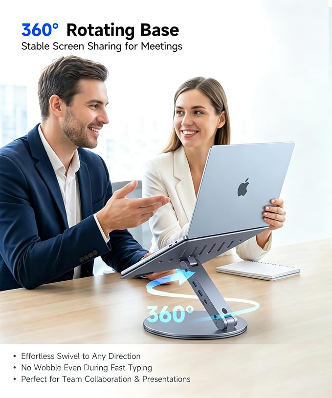 YICOSUN Laptop Stand for Desk, 360° Rotating & Height Adjustable Ergonomic Computer Riser with Aluminum Cooling Vents for 10-16 inch MacBook, Dell, Lenovo (Grey, USB-C Docking Station) - Image 8