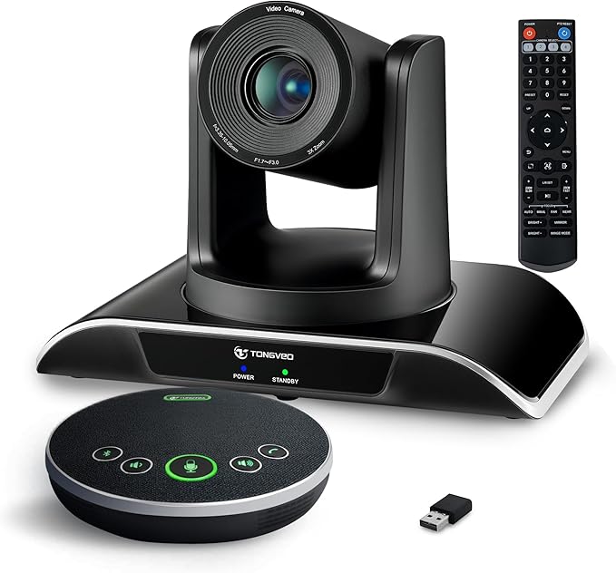 TONGVEO All-in-One Conference Room Video Camera System Al Auto-Tracking HD1080P 60fps 3X Optical Zoom USB3.0 HDMI PTZ Camera and Bluetooth Conference Speakerphone with Microphones by TONGVEO