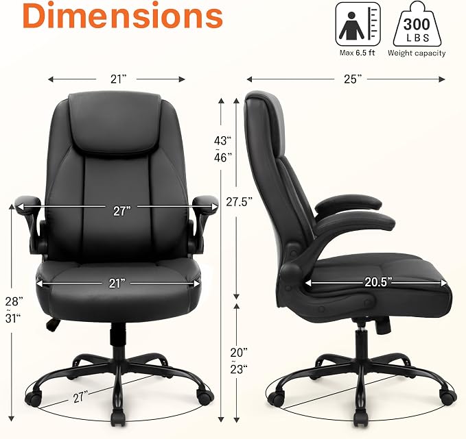 NEO CHAIR Office Desk Chair, High Back PU Leather with Flip-up Arms, Black | Ergonomic Tall Computer Desk Chair Comfy, Height Adjustable, Swivel Rolling Wheels for Office Home Gaming Study - Image 3