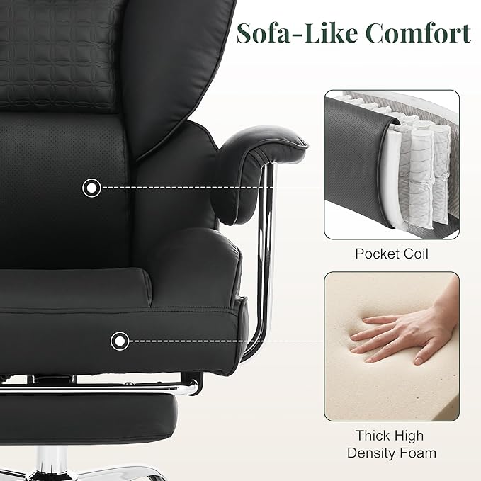 Big and Tall Office Chair 400 LBS, for Adults, Home Office | PU Leather, Executive Ergonomic Desk Chair with Footrest, Lumbar Support, Wide Seat ,Reclining, Black - Image 4
