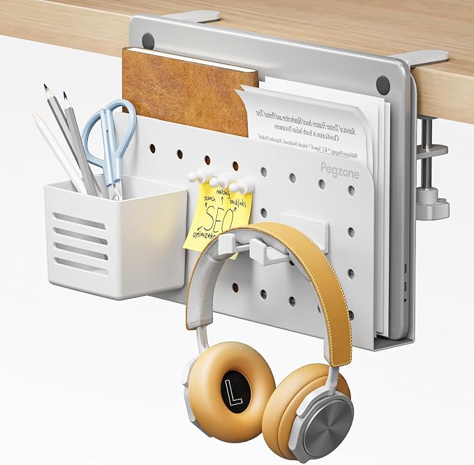 Desk Side Storage Organizer, Fits Flat Edge 0.4" to 2.2", White | No Drill Under Desk Laptop Holder, Clamp on Desks Shelf with Pegboard Accessories, Hanging Laptop Mount by Pegzone