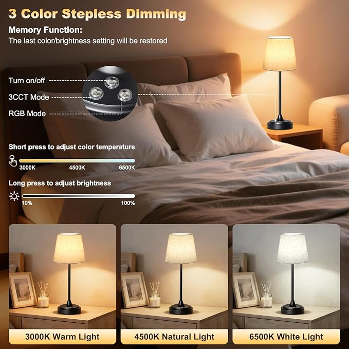 Wowag Cordless Table Lamp Rechargeable,5000mAh Battery Operated Desk Lamp,3 Colors & 7 RGB Stepless Dimmable,Touch Ambient Light for Bedside,Bedroom,Dining Room,Living Room,Black,FlaxenShade - Image 2