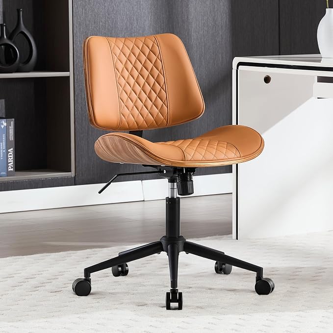 Home Office Chair No Arms with Wheels, Mid Back Walnut Style, Brown | Adjustable Height PU Leather Mid Back Support, 360 Swivel Computer Small Desk Seat, Armless Walnut Office Chair, 300LBS Cap by BERYTH