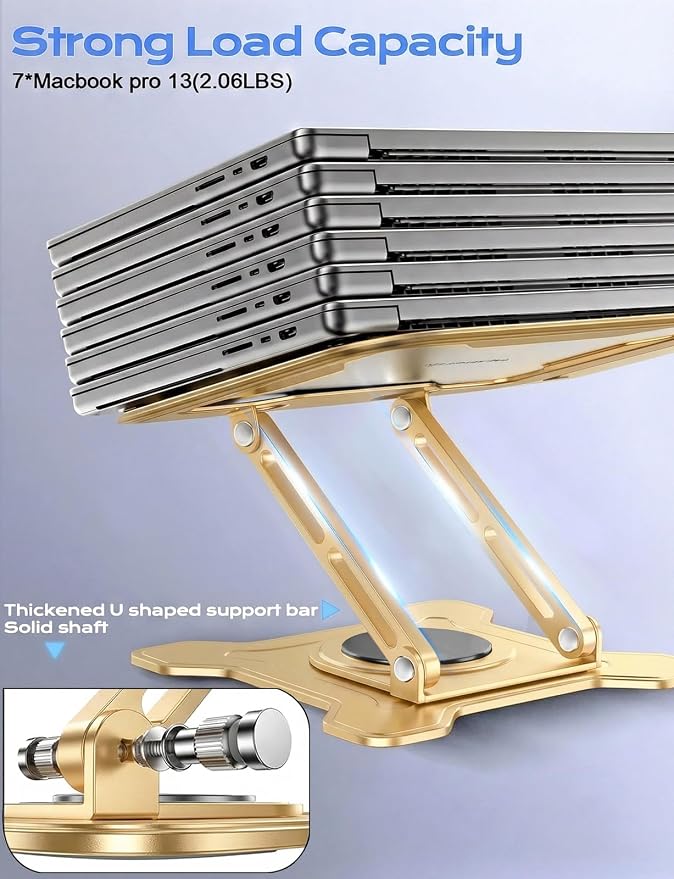 JCZT 360° Rotating Laptop Stand for Desk, Metal Foldable Laptop Riser Gold | Ergonomic Portable Adjustable Laptop Stand, Ventilated Cooling Notebook Holder for MacBook Air Pro, All 10-16'' Laptops - Image 5